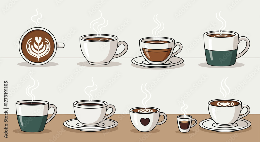 Obraz premium Seamless horizontal pattern of cozy hot coffee and tea mugs with steam and simple modern line art design