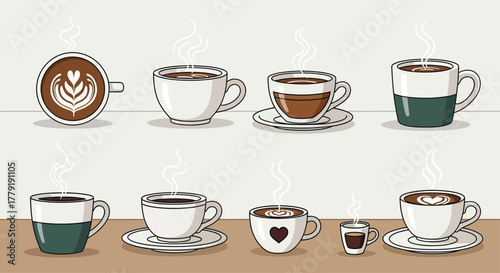 Seamless horizontal pattern of cozy hot coffee and tea mugs with steam and simple modern line art design