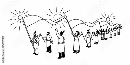 Illustration of a procession of people with flags under a sunlit sky with mountains in the background