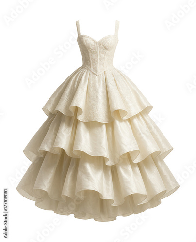 Corset bodice ball gown with layered taffeta skirt.