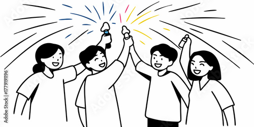Group of friends celebrating with sparklers and smiling in a black and white line drawing style artwork