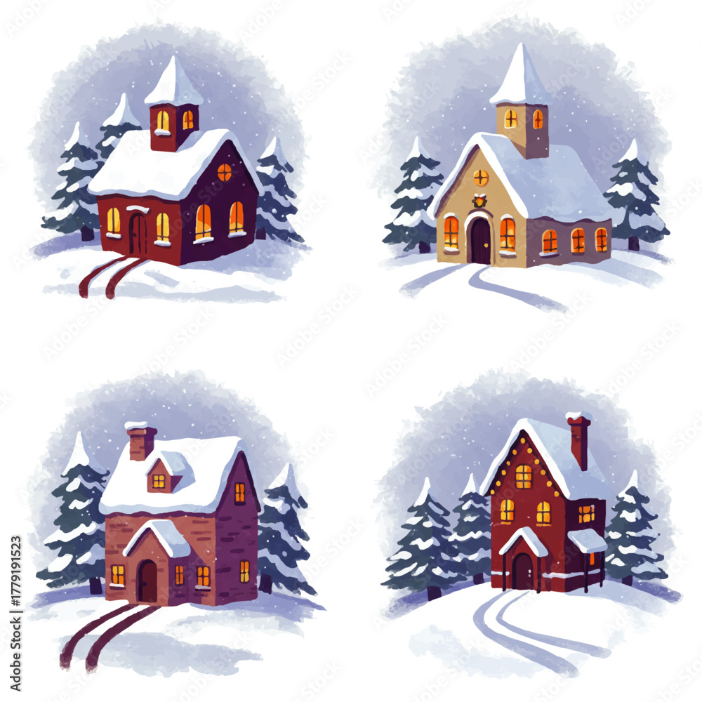 Naklejka premium Four winter scenes featuring snow-covered houses and churches surrounded by pine trees.