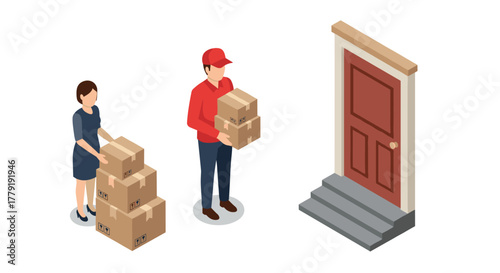 Isometric delivery service couriers bringing packages to doorstep