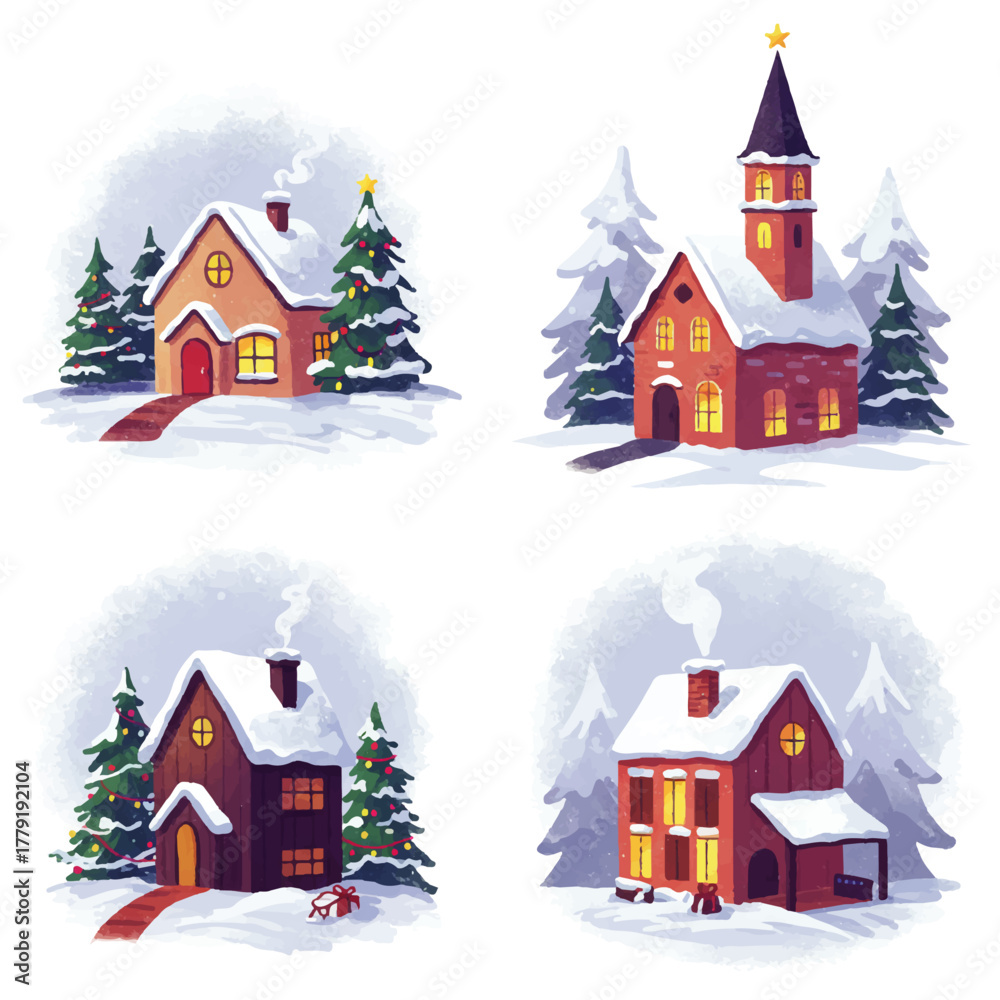 Naklejka premium Four charming illustrations of snow-covered houses and a church, evoking a winter holiday scene.