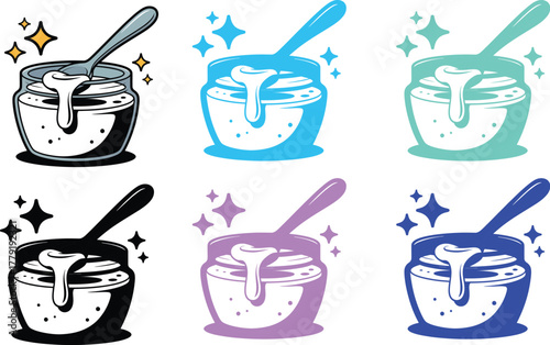 Illustration of a jar of red jam with a spoon and sparkles for food blog and recipe site