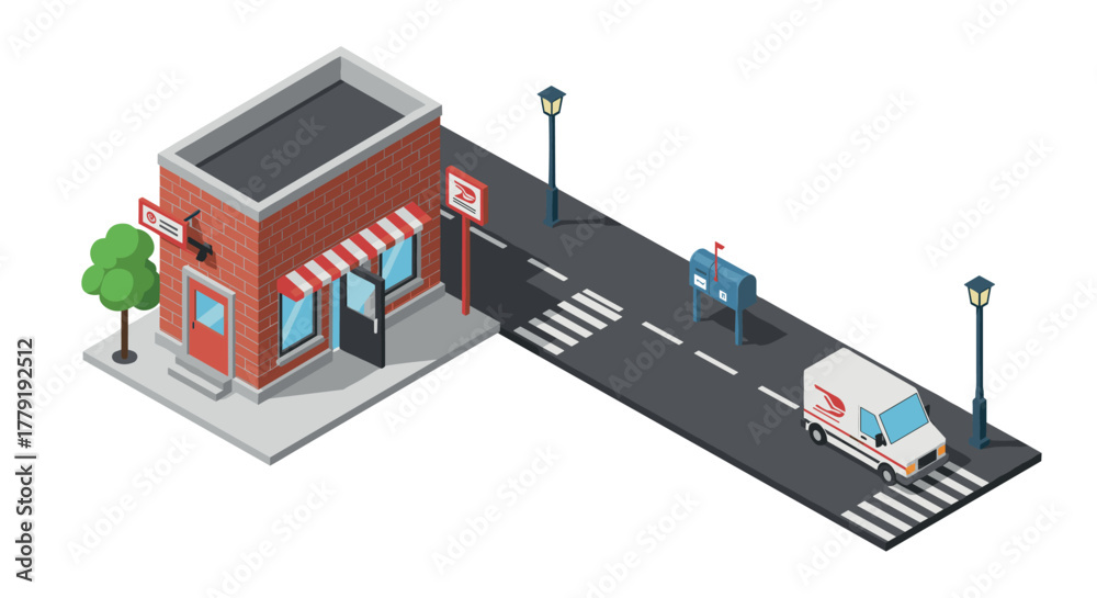 Obraz premium Isometric mail delivery scene with post office and delivery van on city street