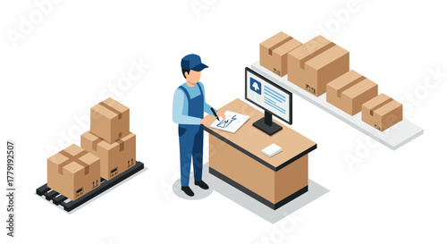 Logistic worker managing inventory on monitor with conveyor belt and stacked boxes in isometric style