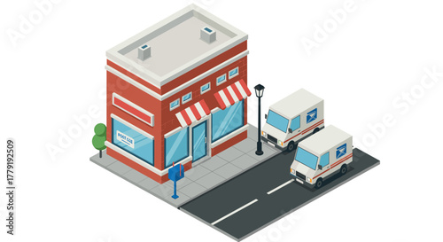 Isometric urban post office scene with delivery trucks and street elements