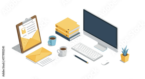 Modern isometric office desk setup with computer and stationery essentials