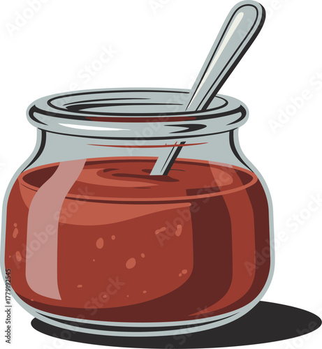 Illustration of jam jar with spoon homemade fruit spread breakfast condiment dessert