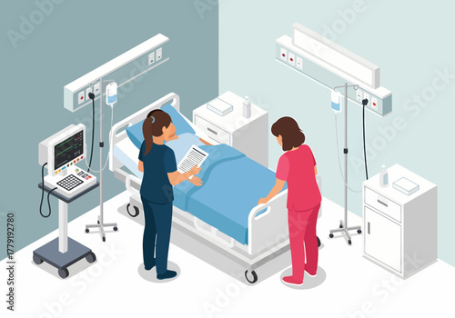 Two nurses in scrubs attend to a patient in a modern hospital room, checking a chart by the bed with an IV drip and EKG heart monitor