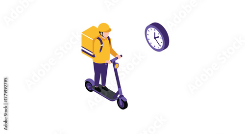 Isometric delivery person on scooter with clock symbolizing timely service
