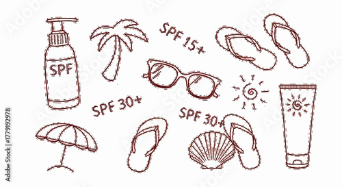 Summer beach accessories for sun protection and relaxation including sunscreen, flip-flops, sunglasses, and umbrella