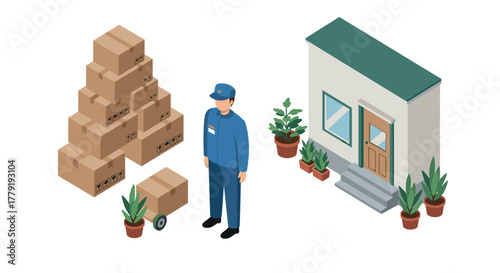 Delivery service with isometric house, courier, and packages for ecommerce logistics