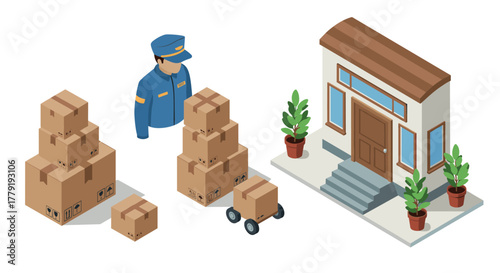 Isometric delivery scene with couriers, packages, and modern storefront
