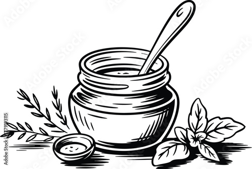 Illustration of honey jar with spoon herbs and basil for organic food products
