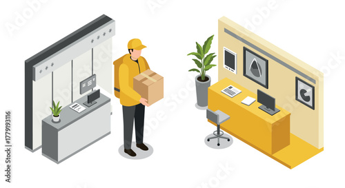 Isometric office workspace with delivery person holding package and modern interior