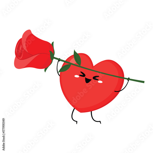 Heart character design. Heart and Rose in Valentine's day. Valentine cartoon mascot. Romantic flat style Valentine's Day illustrations to express feelings of love.