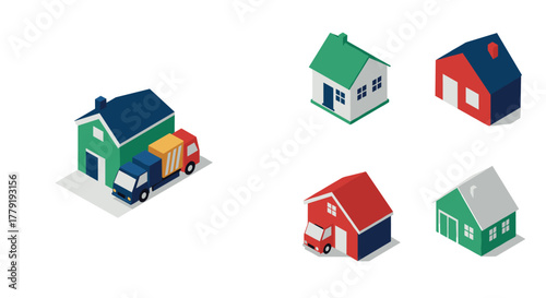 Isometric set of colorful houses and delivery trucks for urban planning