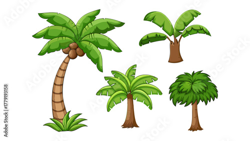 Tropical Tree Illustration: A collection of various tropical trees, each uniquely designed with lush green foliage and sturdy trunks, isolated against a plain backdrop.