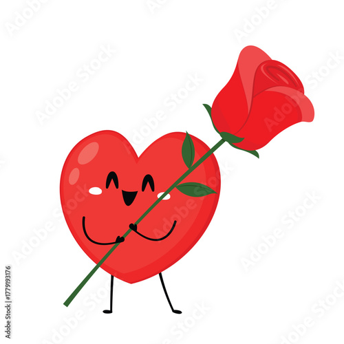 Heart character design. Heart and Rose in Valentine's day. Valentine cartoon mascot. Romantic flat style Valentine's Day illustrations to express feelings of love.