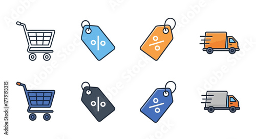 Shopping cart, sale tags, and delivery truck icons representing online retail and discount offers