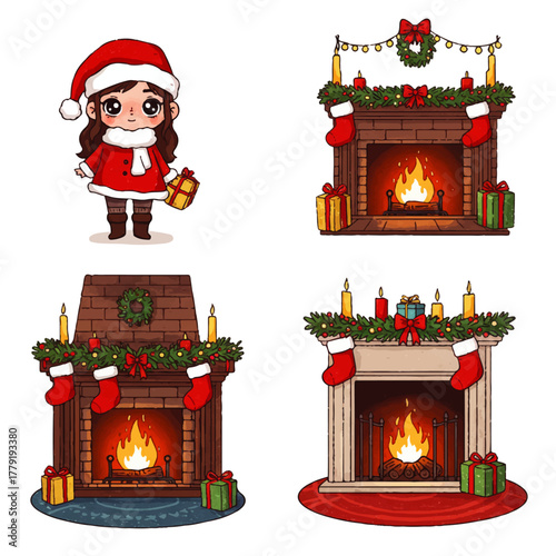 A cute cartoon girl in a Santa outfit holds a gift, with three festive fireplaces decorated for Christmas.