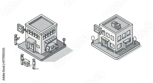 Isometric urban buildings with delivery and office scenes in minimalist style