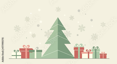 A minimalist flat illustration of a festive Christmas tree surrounded by wrapped presents and falling snowflakes
