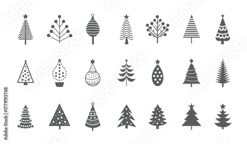 Collection of Various Artistic Minimalist Christmas Tree Icons in Gray Scale