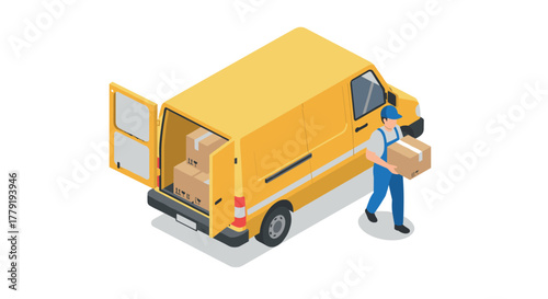 Isometric delivery van with courier unloading packages on white background