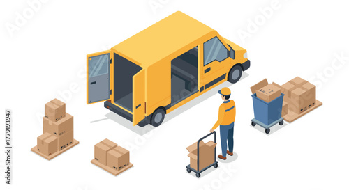 Delivery worker loading packages into yellow cargo van in isometric style