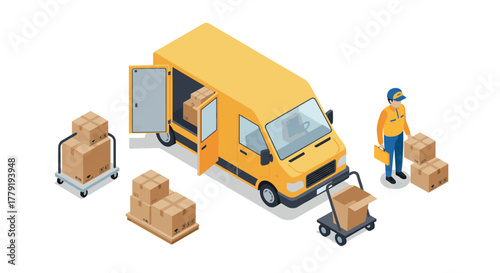 Isometric delivery service with van, worker, and packages