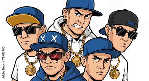 Dynamic vector illustration featuring a group of five cool urban men in hip-hop street fashion, showcasing distinct styles with hats, chains, and sunglasses