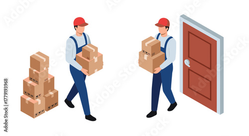 Isometric delivery worker carrying boxes to doorway