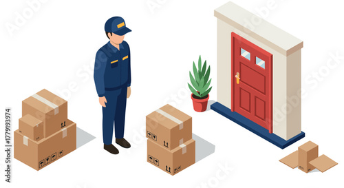Delivery worker in uniform bringing packages to front door in isometric style