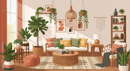 Boho Living Room with Plants Cozy Home Interior Illustration