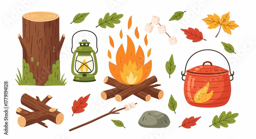 Cozy Autumn Camping Scene Campfire, Lantern, Marshmallows, and Fall Leaves Illustration