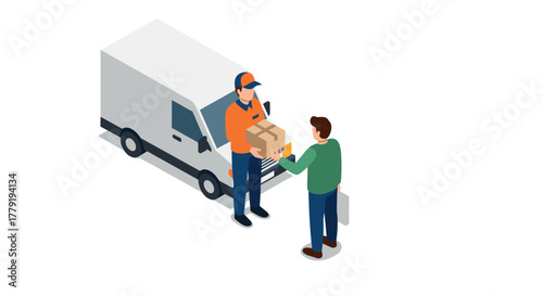Efficient parcel delivery service isometric concept with courier and customer interaction