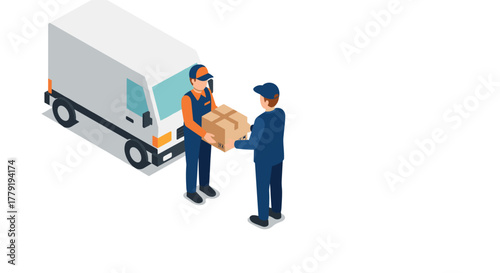 Isometric delivery service with courier and customer exchanging package