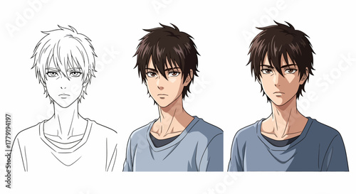 Step-by-step digital illustration process showing the creation of a young man's portrait from line art to final shaded render