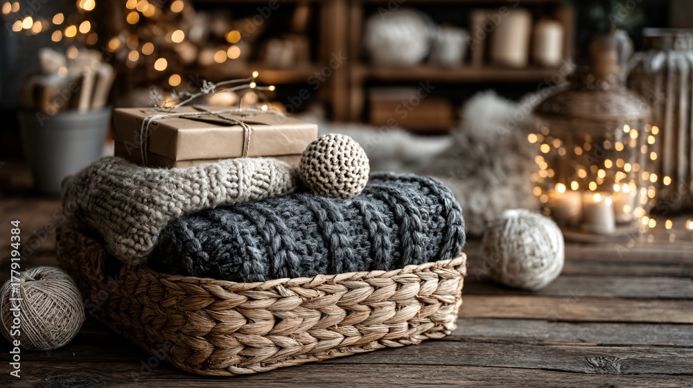 Obraz premium Cozy rustic woven basket with knitted blankets, yarn, and gift box in warm festive home decor setting