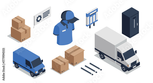 Isometric delivery service icons van, package, uniform, locker for logistics and shipping