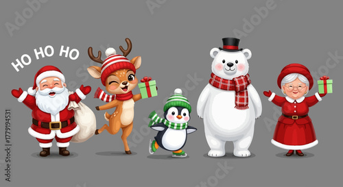 Festive Christmas characters including Santa Claus, reindeer, penguin, polar bear, and Mrs