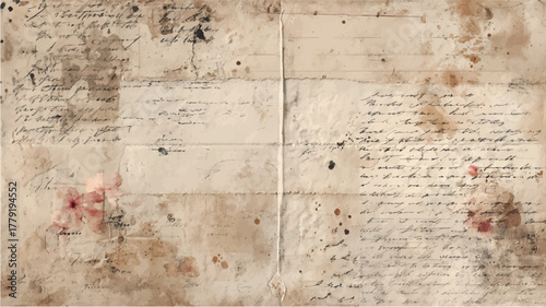 Aged handwritten letter with faded ink stains and delicate pink flower petals scattered across parchment