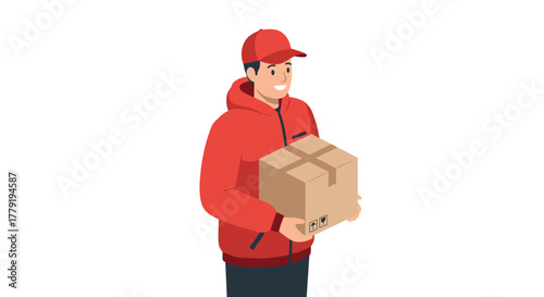 Delivery person in red uniform holding parcel box