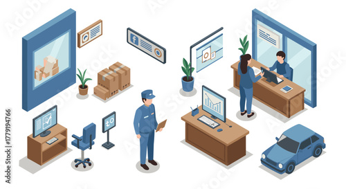 Isometric office and delivery scene with technology and logistics elements