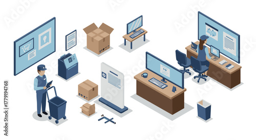 Isometric office delivery scene with digital and physical interaction