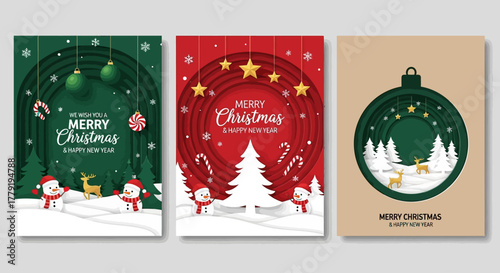 Festive Holiday Cards Featuring Snowmen, Candy Canes, and Christmas Trees in a Layered Paper Cutout Style