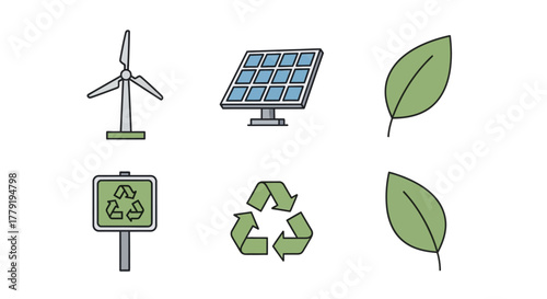 Eco-friendly line art icons wind turbine, solar panel, recycling symbols, and green leaves. Promoting renewable energy and environmental sustainability concepts